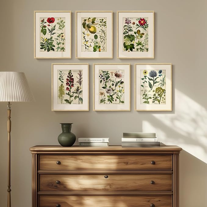 Framed Botanical Floral Wall Art for Kitchen, Set of 6 Green Painting Canvas Prints with Mat for Modern Farmhouse Wall Decor, Rustic Plant Flower Pictures for Living Room Bedroom Dining Room, 11x14
