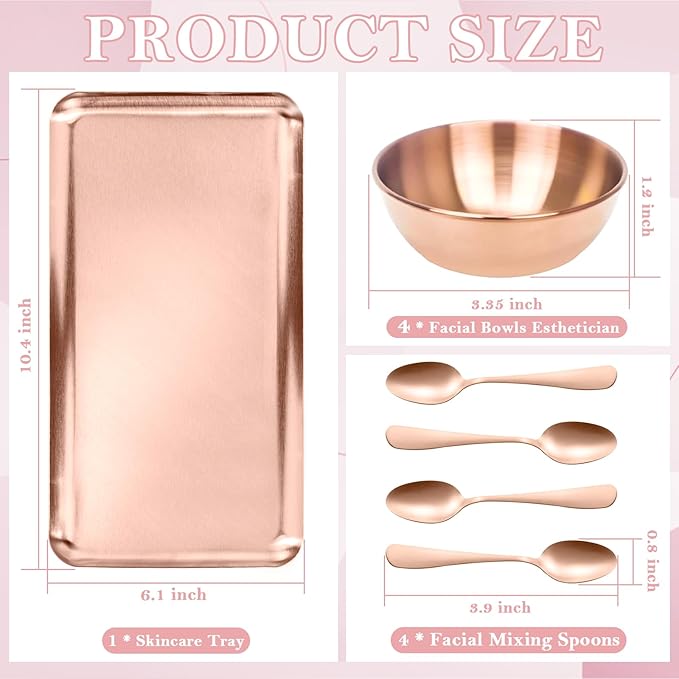 9 Pcs Gold Facial Supplies Large Rose Gold Skincare Tray 4 Stainless Steel Facial Mask Mixing Bowls 4 Esthetician Mixing Spoons Spa Tray Esthetician Bowls for Mask Body Care Bathroom
