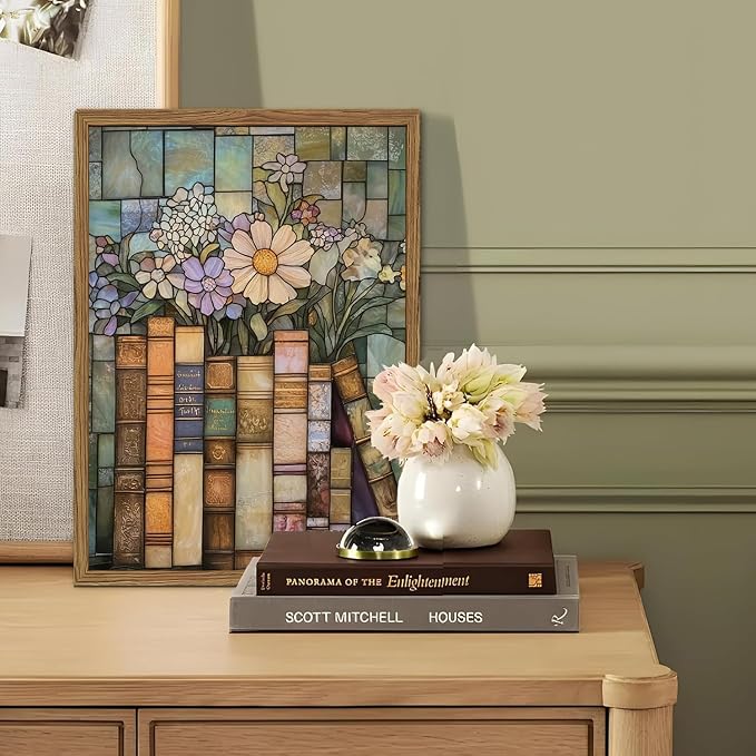 YYNISPIN Vintage Book Wildflower Wall Art Moody Stained Glass Book Lover Wall Decor Painting, Whimsical Reading Nook Library Poster Canvas Prints for Cottage Bedroom Living Room 16x24 inch Frame