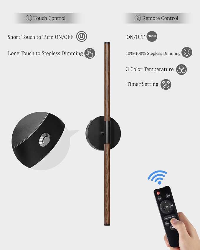 40" Battery Operated Wall Sconce Set of 2, 350° Rotating Lamp, Walnut Black | Wireless, 8000mAh Rechargeable Battery, Stepless Dimming, 3000K-6000K, Remote & Touch Control, Timer, Living Room, Bedroom