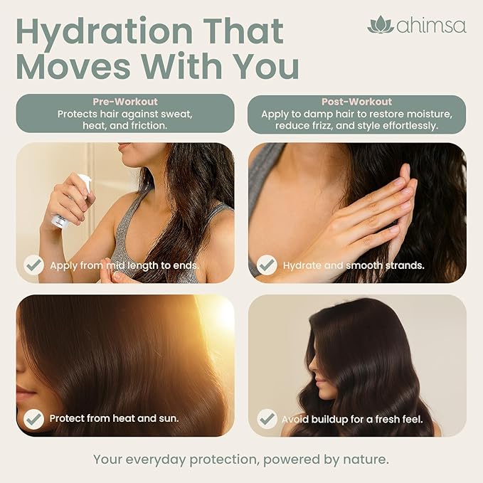 Ahimsa Pre & Post Workout Leave-In Conditioner, Lightweight Hydrating Leave In Conditioner for Curly, Wavy & All Hair Types, Anti-Frizz Heat Protectant, Water-Based with Coconut Oil & Jasmine (4oz)