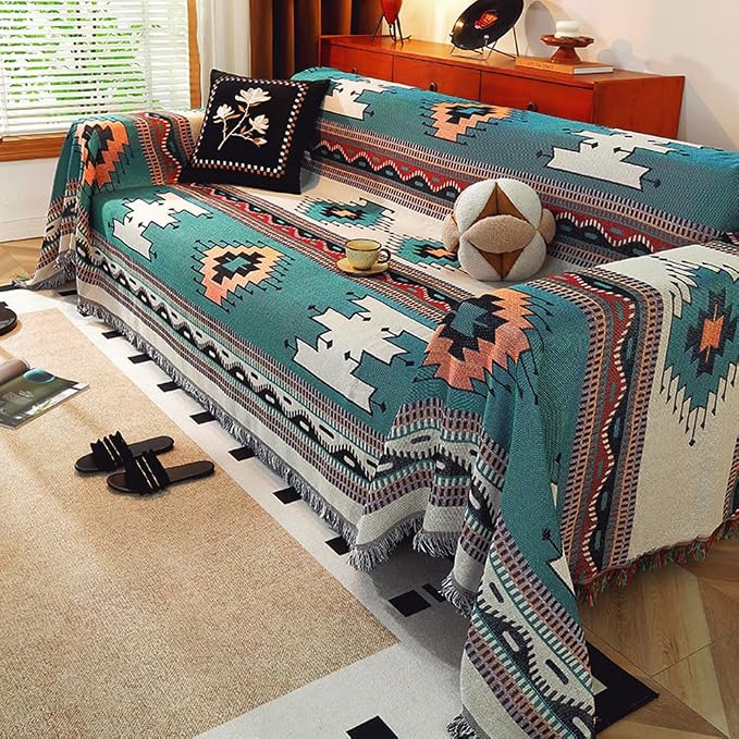 Homesy Aztec Throw Blanket Native Southwestern Bed Blankets 51"x63" Green | Southwest Decor,Boho Style,Sofa Chair Cover,Outdoor Beach Car Tent Travel Camping Use,Tapestry,Reversible and Tassels