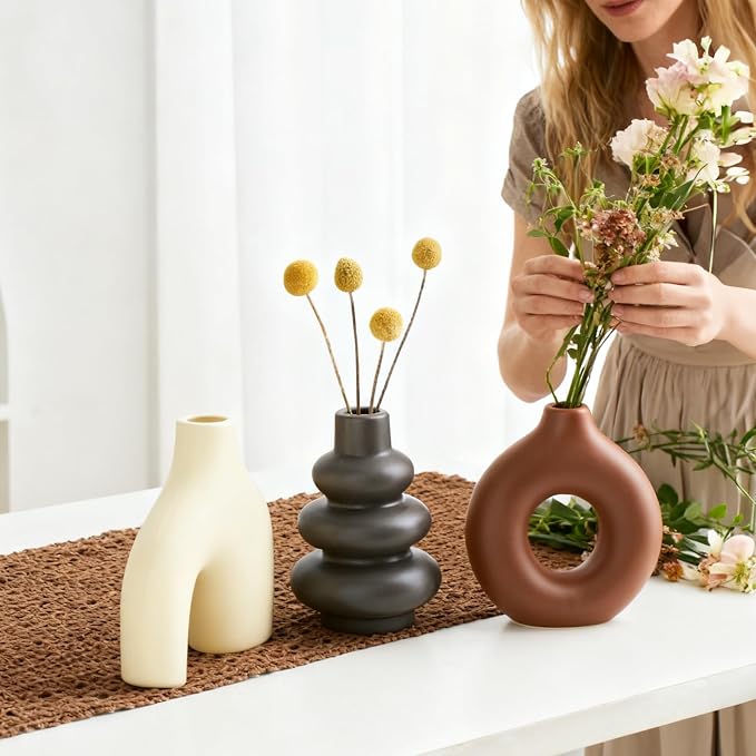 Boho Ceramic Vase Set of 3, Rustic Flower Vases for Pampas Grass | Modern Boho Vase for Decor, Decorative Vases Centerpieces for Wedding Living Room Bedroom Coffee Table Dinner Table