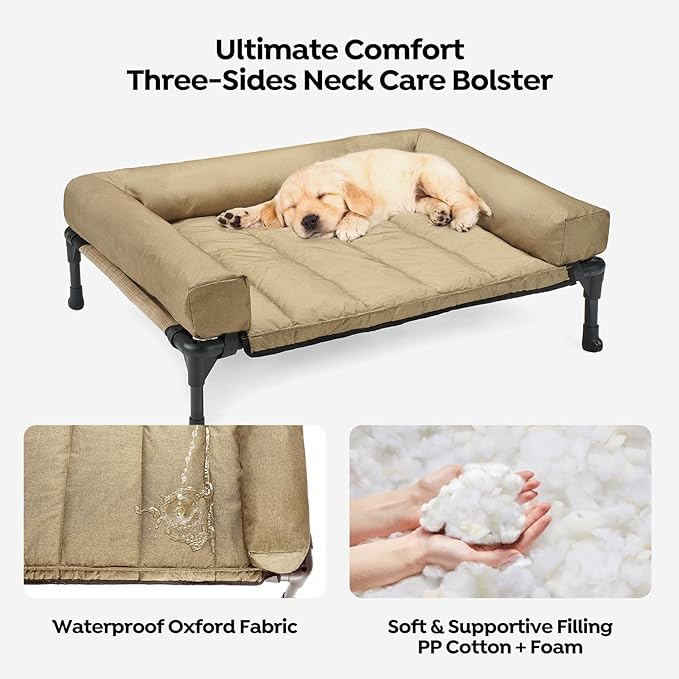 Veehoo Outdoor Elevated Dog Bed with Waterproof Bolster Cushion, Cooling | Raised Dog Bed with Removable & Washable Mat Topper, Breathable Mesh, Dog Couch Cot for Indoor Outdoor, 32", Medium, Beige
