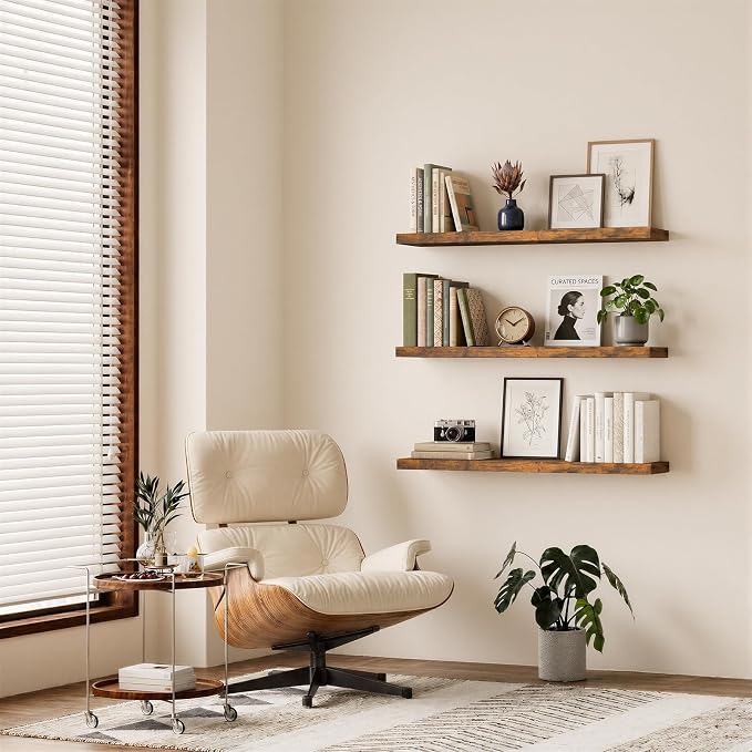 BAYKA Rustic Brown Floating Shelves 47.2in, Set of 2, Wall Mount Wood Shelf | Easy Install, 30lbs Max Load, Hidden Bracket, for Coffee Bar Book Bedroom Kitchen Office Storage Decor, Multi-Wall Compatible