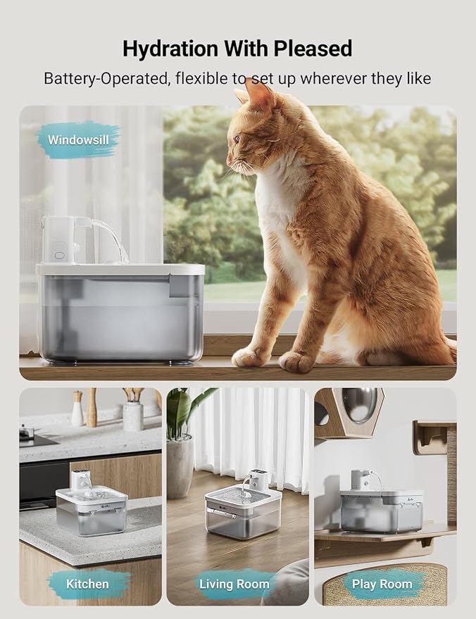 DownyPaws Cat Water Fountain Cordless, Pet Fountain, 84oz/2.5L, White | Wireless Cat Drinking Water Fountains for Cats Indoor, Fursink , Battery Operated, Motion Sensor, Ultra Quiet Pump, BPA-Free