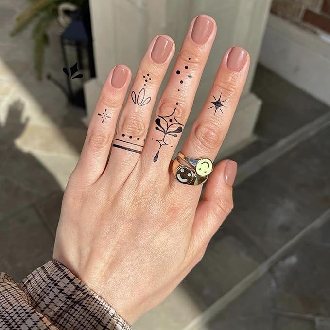Semi Permanent Tattoos, 2 Weeks Realistic Tiny Minimalist Design Fingers Temporary Tattoos for Women Hand Wrist Ears, Henna Moon Heart Fake Tattoos, Waterproof and Non-Reflective, 2 Sheets
