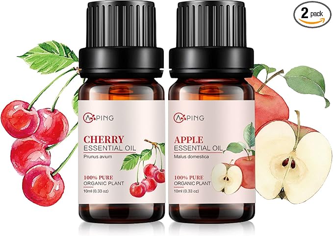 Apple & Cherry Essential Oils - 100% Pure Organic Natural Plant Oils for Diffuser, Aroma, Spa, Massage, Yoga, Perfume, 2x10ML