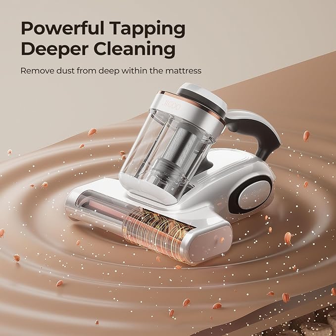 JIGOO J300 Bed Vacuum Cleaner, Dust Sensor, Pet Hair, UV and Heat, Corded | Mattress vacuum cleaner with 500W motor, 13Kpa suction, UV-C light and 130°F heat for pet hair on beds, sofas, White