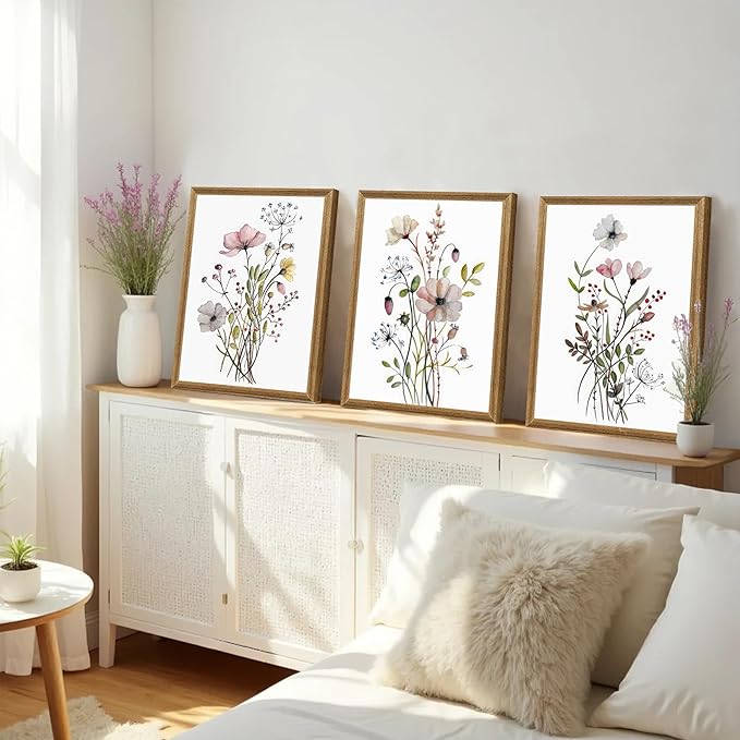 WRFON Framed Botanical Canvas Wall Art Set of 3, Watercolor Floral Prints, Framed Flower Wall Decor for Bedroom Bathroom Living Room, 12x16 Inch Each