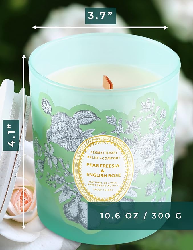 Pear Freesia English Rose Candle | 10.6oz Wood Wick Soy Scented Candle for Home | Relaxing Floral Garden Aromatherapy Candle | Long Lasting Clean Burn | Housewarming Gift for Women & Men