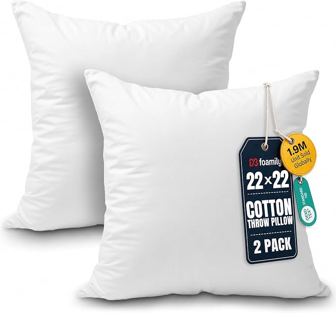 Foamily 22x22 Throw Pillow Inserts, Set of 2, 100% Cotton Cover, White | Cotton cover, plush down-alternative fill, machine washable Fits 22x22 covers Couch, sofa, bed, nursery décor