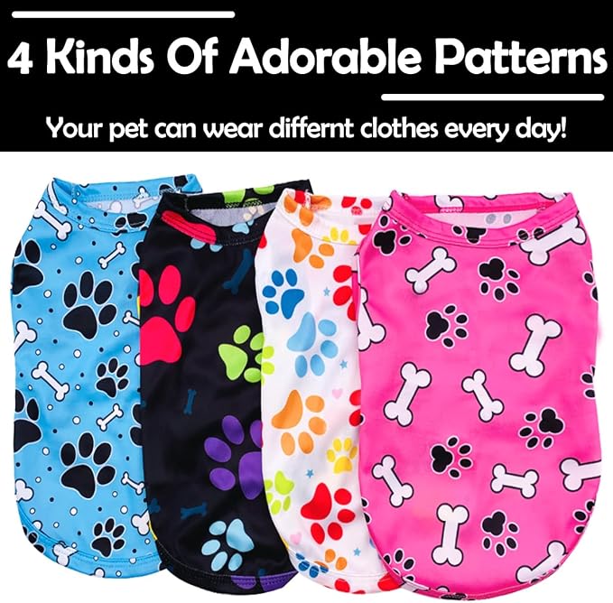 PET SHOW 4 Pack Paw Bone Printed Dog Clothes Shirts Soft Dog Vest Lightweight Sleeveless Cats Doggies T-Shirts Puppies Tank Top Tee Cat Clothes for Small Medium Dogs White Black Pink Blue L