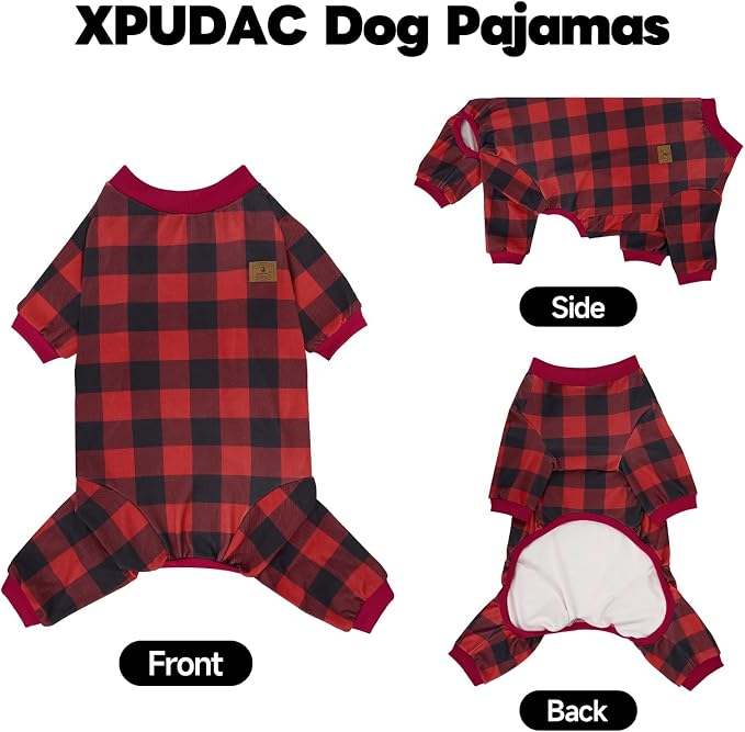 XPUDAC 4 Pack Dog Pajamas for Large Dogs Cats Plaid Doggie Clothes Puppy Onesies Christmas Pajamas Jumpsuits Pet Pjs Shirt Apparel 4X-Large, Red Green Beige Grey