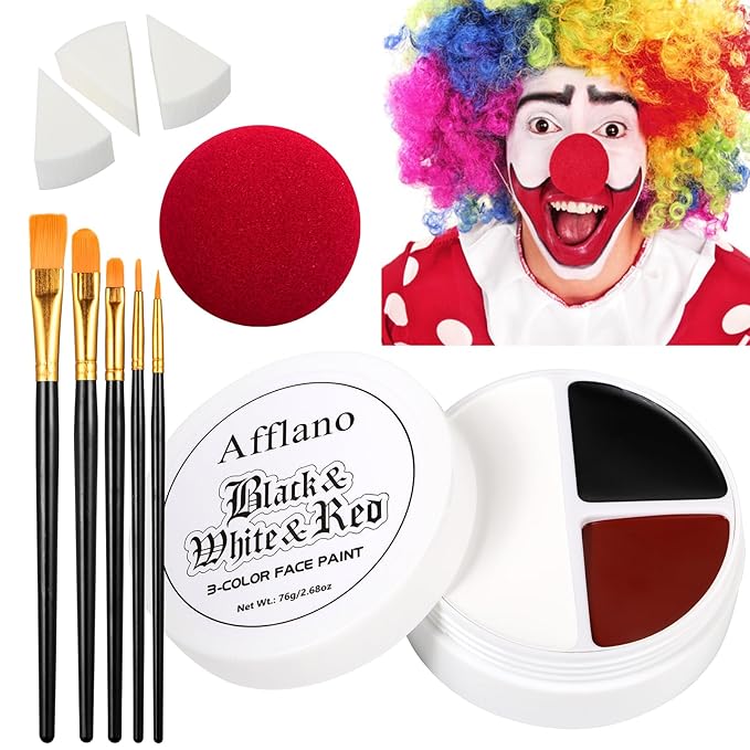 Scary Clown Makeup Face & Body Paint Kit Professional Black White Red SFX Cream Bodypaint with 5 Brushes Sponge Applicators & Clown Nose Facepainting Set for Kids Adult Halloween Joker Vampire Zombie