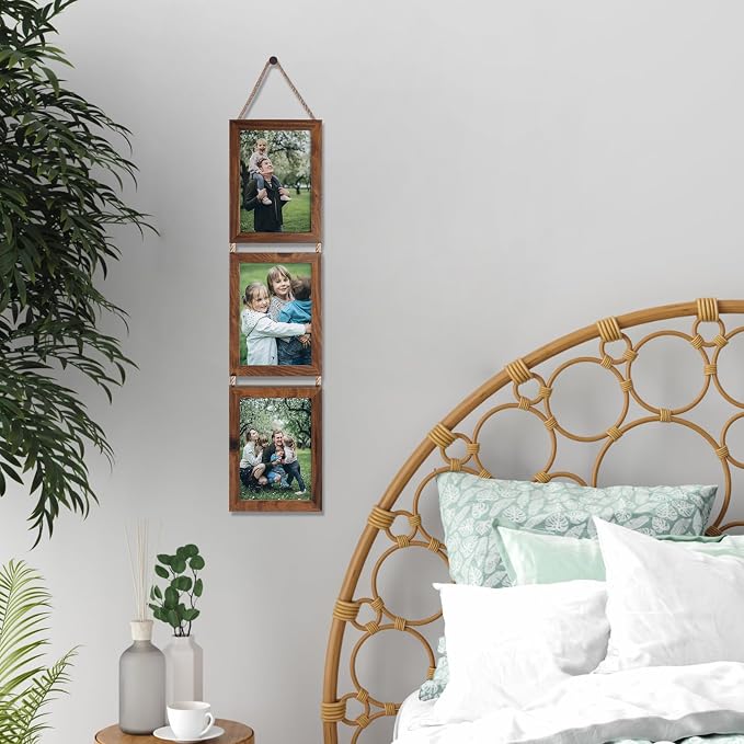 QUTREY 5x7 Collage Picture Frames, 6 Openings Hanging Photo Frame Set Display Vertical 5 by 7 inch Pictures for Wall Decor, Rustic Walnut Brown, 2 Pack