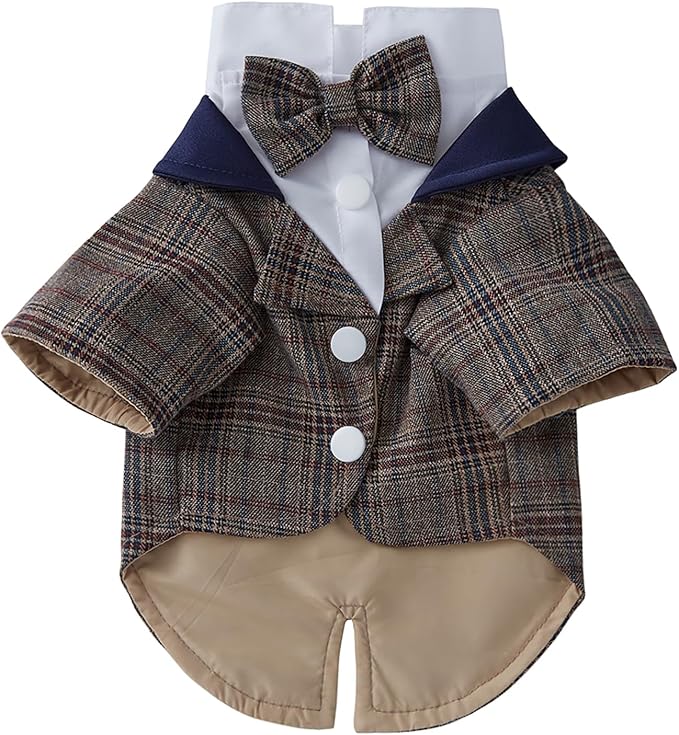 GabeFish Pets Wedding Jackets Suit for Dogs with Bow Tie Puppy Cat Formal Clothes Shirt Tuxedo (Brown, XL (Chest 18.8in/48cm))