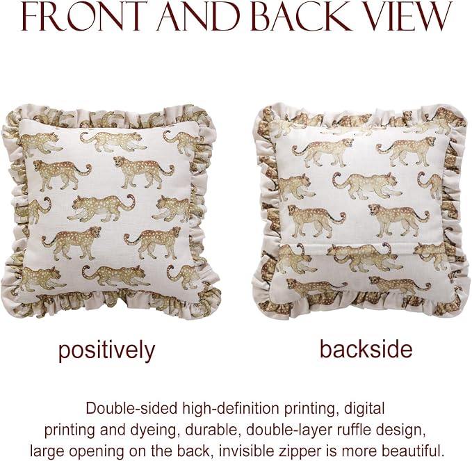 patdrea Designer Vintage Linen Throw Pillow Cover,18"x18"-Fromm C | Elegant Decorative Pillow Case with Zipper,Ruffle Leopard Pattern,Pillow Cover for Couch Living Room Bedroom Sofa