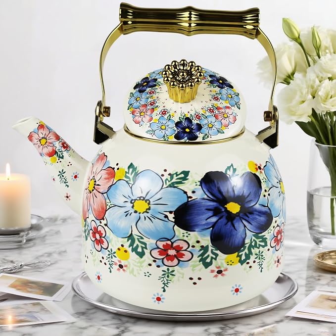 Floral Enamel Tea Kettle Bohemian Blue Flowers Stovetop Teapot 2.5L Coffee Hot Water Kettles with Gold Handle Vintage Kitchen Decor Christmas Gift