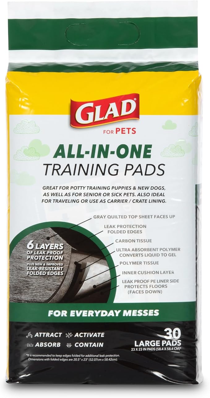 Glad for Pets Black Charcoal Puppy Pads, Large, 150 Count | Super-absorbent, disposable pads for potty training, crate training, and indoor use, 23 x 23 in