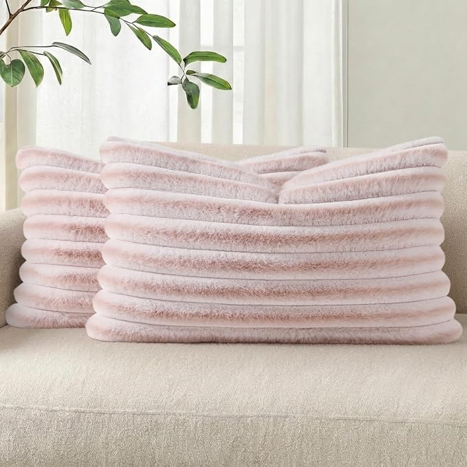 Pallene Faux Fur Decorative Throw Pillow Covers 12x20 Set of 2, Ombre Pink | Luxury Plush Texture, Striped Design, Cozy Soft Touch, Modern Home Accent Decor for Couch, Sofa, Bed, Living Room