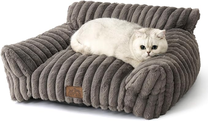 COZY KISS Cute Cat Couch, Fluffy Sofa Bed for Cats and Small Dogs, Premium Faux Rabbit Fur Cats beds for Indoor Cat, Ultra-Soft Supportive Pet Couch Furniture (Grey, S: 25.5''x17.5'')