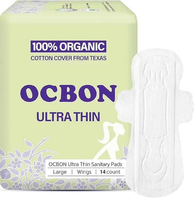 OCBON Unscented Ultra Thin Sanitary Pads (28 Count, Large) – Organic Cotton Feminine Pads with Wings for Women, Super Absorbent & Soft, Period Protection, Hypoallergenic