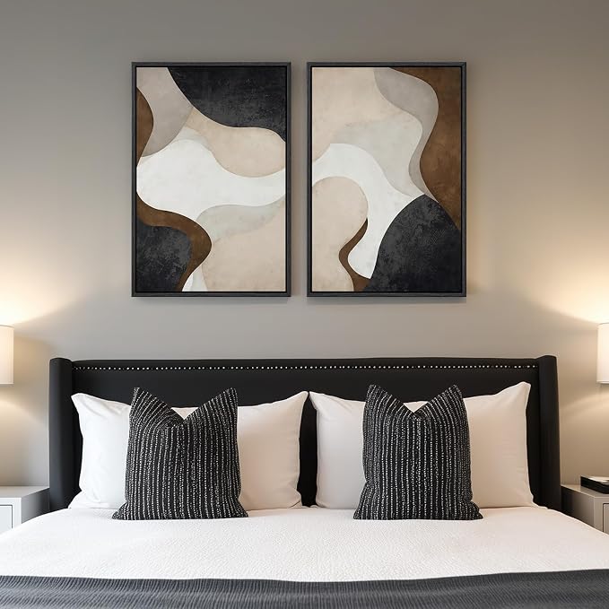 Framed Neutral Abstract Minimalist Wall Art Set of 2, Modern Canvas Prints Paintings Artwork for Walls, Black Beige Brown Abstract Art Pictures for Bedroom Living Room Dining Room Wall Decor 16x24 In