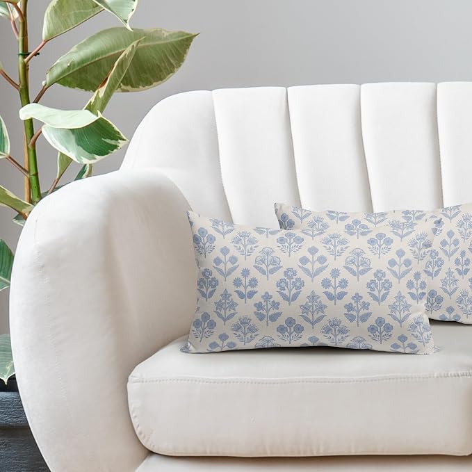 Baby Blue Floral Pillow Covers 12x20 Inch Set of 2, Vintage Flower Block Print Pattern Decorative Throw Pillowcases Outdoor Farmhouse Cushion Covers Spring Summer Rustic Sofa Couch Bed Decor