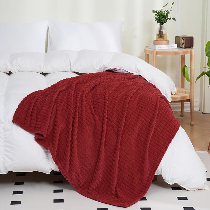 Puncuntex Fleece Throw Blanket Red 108"×90" with Square Grid Design | Super Soft Plush Cozy Flannel Throw Blanket Luxury for Couch Sofa Chair