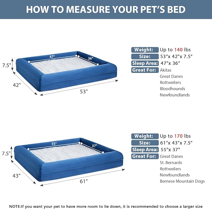 WNPETHOME Giant Dog Bed Orthopedic for Senior Dog Bed Comfy Sleeping | Washable Waterproof Dog Couch with Removable Cover, Large Pet Sofa Bed with Bolster Sides for Relaxing Blue 61x43 Inch