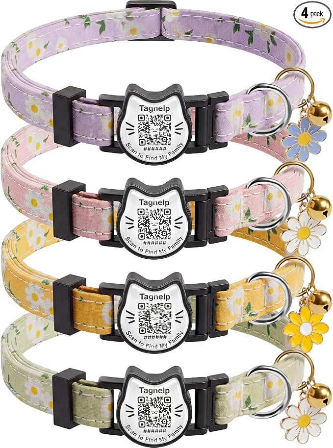 4 Pack-QR Code Cat Collar Breakaway Safe - Cotton Reflective Kitten Collar with Bell & Floral Pendant, Pink Purple Flowers Design, Customizable Online Pet ID for Lost Cats,Flower Pendan