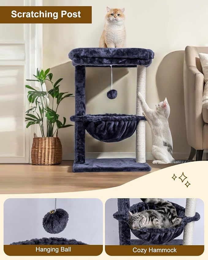 SYANDLVY Small Cat Tree for Indoor Cats, Activity Cat Tower for Kittens | Scratching Post, Cat Condo & Furniture with Basket & Hanging Ball for Play Rest, Smoky