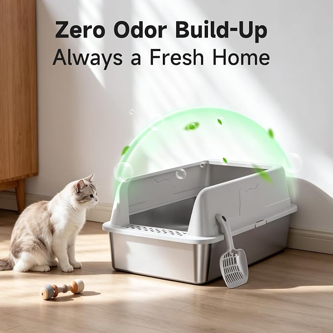 High-Sided Stainless Steel XL Cat Litter Box for Cats | High-Sided Design Prevents Urine Leakage,Non-Stick,Easy to Clean,Includes Scoop,Gray