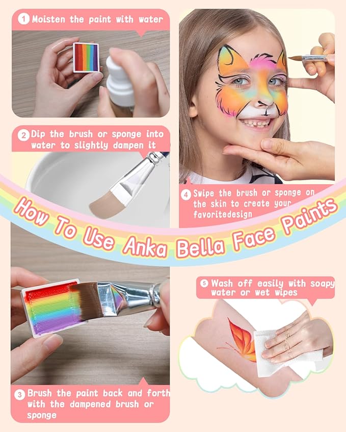 Anka Bella Professional Water Activated 6x30gm Face Paint for Kids & Adults,Washable Non toxic Rainbow Cake Face Painting Kit with Stencils & Brushes Ideal for Easter/Parties/Halloween/Carnival