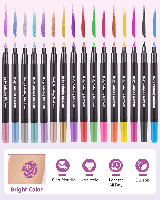 Lictin Temporary Tattoo Markers for Skin, 16 Colors Dual-End Skin Tattoo Pens with 80 Tattoo Stencils, Matte & Metallic Body Markers for Kids Teens and Adults, Flexible Brush Tip, Cosmetic-Grade