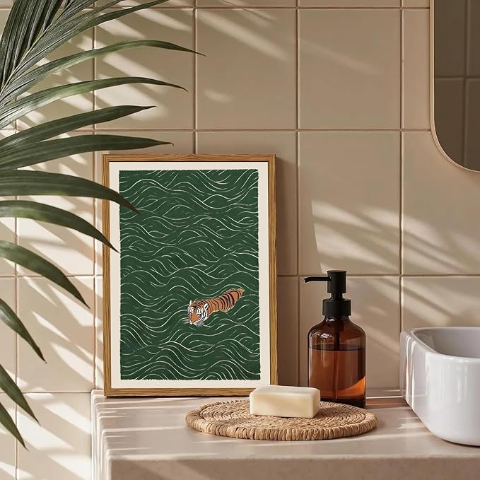 Framed Japanese Tiger Wall Art, Vintage Tiger Swimming Pictures Wall Decor, Funny Wild Animal Paintings Canvas Prints Eclectic Home Decor for Living Room Bedroom Bathroom 16x24 inch