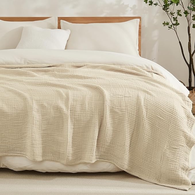 EMME Cotton Muslin Throw Blanket 4 Layer for Adults, Lightweight Breathable Gauze Blanket, Soft All Season Couch Blanket for Couch Bed Travel (Beige, 50"x60")