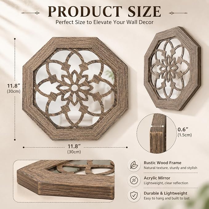 4 Pack 12 Inch Octagon Maroon Rustic Wood Frame Acrylic Wall Mirrors, Farmhouse Boho Wall Art Decor for Living Room, Bedroom, Hallway, Entryway, Bathroom & Office
