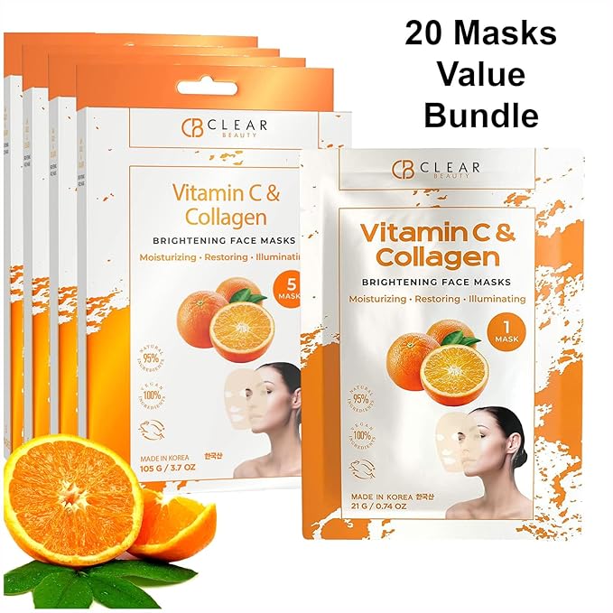Clear Beauty Vitamin C & Collagen Face Mask - Dermatologist Tested, Diminishes Fine Lines & Wrinkles, Anti-Aging, Natural Ingredients Cruelty-Free Korean Skin Care, All Skin Types - 4 Pack