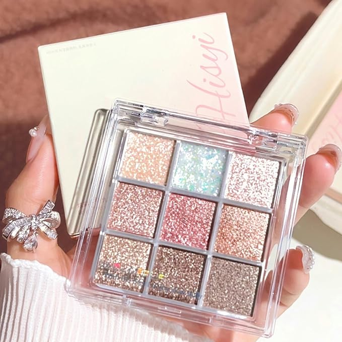 9 Colors Glitter Shimmer Eyeshadow Makeup Palette, Korean Natural Eye Shadow Palettes Highly Pigmented Long Lasting Waterproof Blendable sombras para ojos Pink Golden Brown Women Girls Eye Shadow