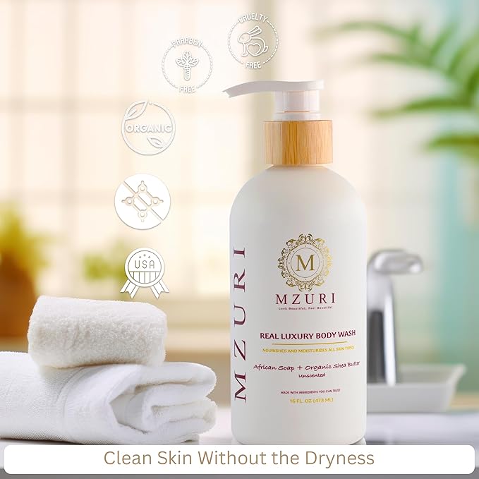 MZURI Unscented Body Wash, African Black Soap, Organic Shea Butter, and Calendula, Moisturizing, Hydrating, and Gentle Formula for Dry, Sensitive Skin, Paraben-Free Luxury Body Wash - 16 Fl. Oz