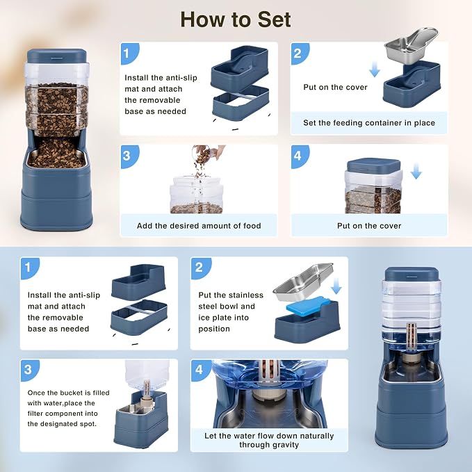 2 Pack Automatic Cat Feeder and Water Dispenser 1.3Gallon Dog Gravity Food Feeder and Water with Ice Pack Stainless Steel Dry Food and Waterer Bowl for Small Medium Large Pets (Blue)
