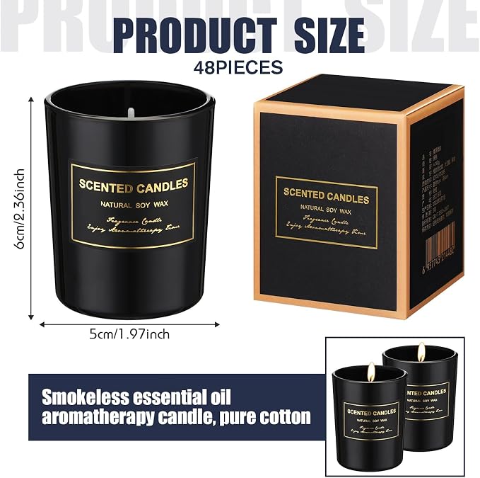 MTLEE 48 Pcs Scented Candles Bulk End of Year Teacher Thank You Gift Candles Wedding Aromatherapy Soy Wax Jar for Birthday CNA Week Appreciation Staff Coworker Guest Favor(Black)