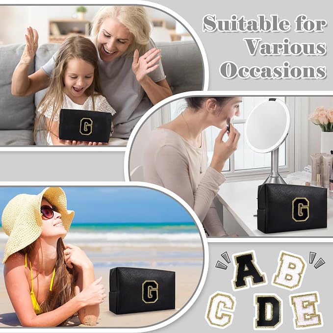 Personalized Initial A-Z Preppy Patch Makeup Bag,Small PU Chenille Letter Cosmetic Bag with Zipper for Teen Girls,Black Cute Toiletry Organizer Bag,Monogram Makeup Case Gift for Women Girls,Letter G