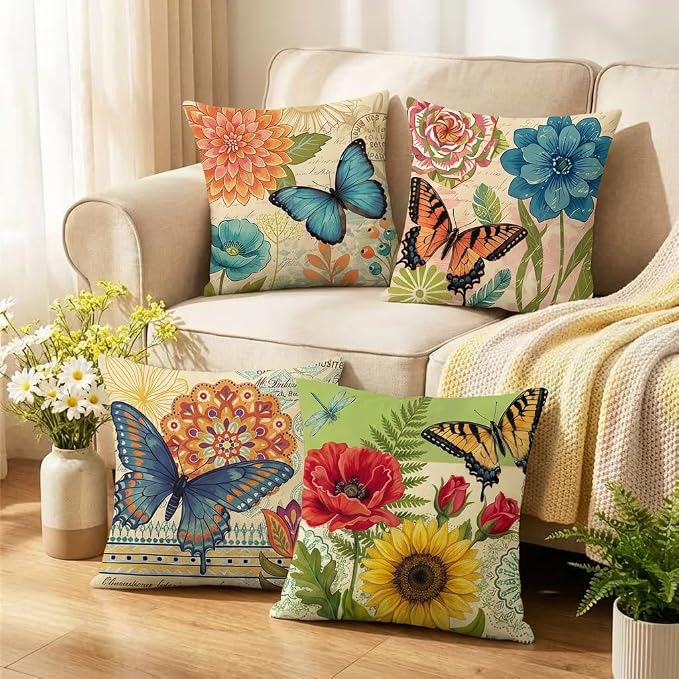 wyooxoo Spring Summer Pillow Covers 18x18 Set of 4 Farmhouse Throw Pillow Covers Linen Flower Butterfly Decorative Pillowcases for Sofa Couch Living Room Outdoor