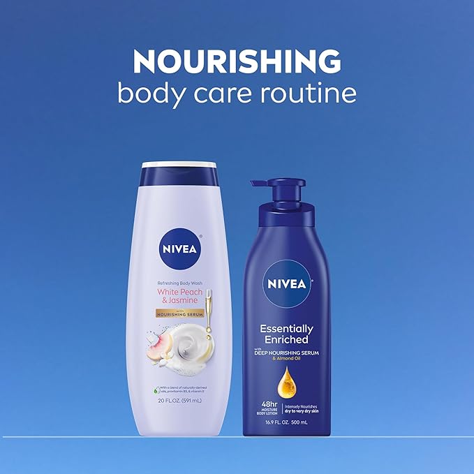 NIVEA Refreshing White Peach and Jasmine Body Wash with Nourishing Serum, Scented Body Wash for Women, Enriched with Provitamin B5 and Vitamin E, 20 Fl Oz Bottle, (Pack of 2)