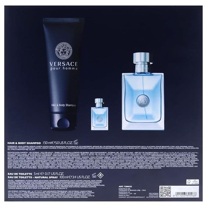 Versace Pour Homme by Versace for Men - 3 Pc Gift Set 3.4oz EDT Spray, 0.17oz EDT Spray (Mini), 5oz Bath and Shower Gel