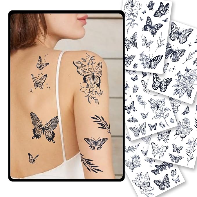 CHARLNET Butterfly Semi-Permanent Tattoos for Women - 2 Weeks Long Last,Realistic Butterfly Fake Tattoos for Body Art/Fades Naturally/No Reflection/Waterproof