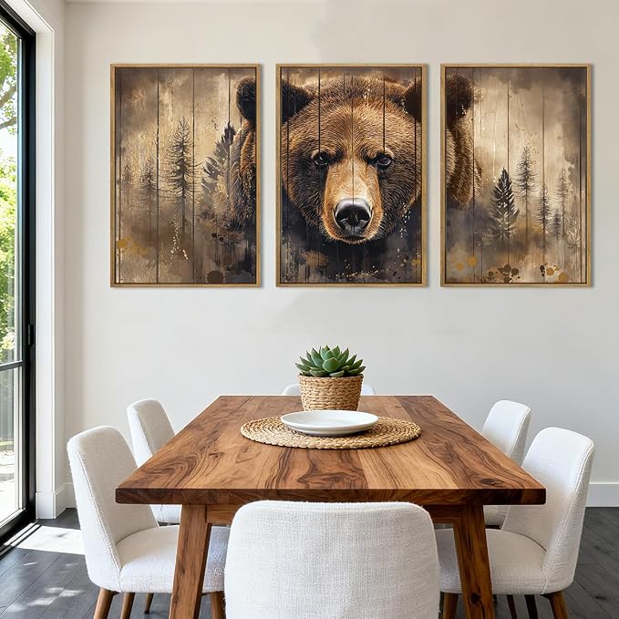 ANHUIB Vintage Brown Bear Canvas Wall Art 16x24 Inch Framed Forest Woodland Paintings Rustic Farmhouse Wildlife Wall Decor Set of 3 for Living Room Bedroom Dining Room